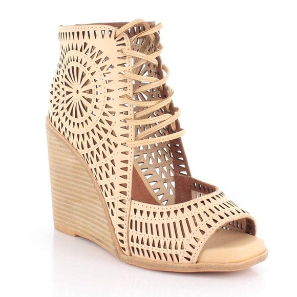 Jeffrey Campbell Shoes - JEFFREY CAMPBELL Tan Rayos Perforated Wedge Sandal